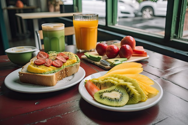 Photo breakfast of avocado toast coffee and fresh fruit in colombian cafe