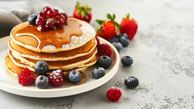 写真 新鮮なパンケーキとベリーの朝食の背景