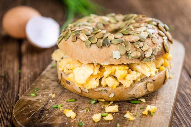 Breakfast Bagel with fried Eggs selective focus