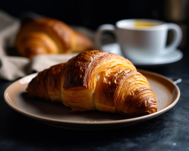 Breakfast baked traditional dessert Tasty french croissant on plate generative ai