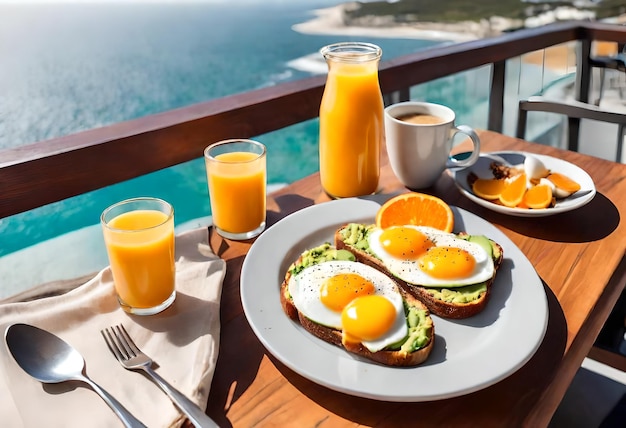 breakfast on a balcony overlooking a body of water