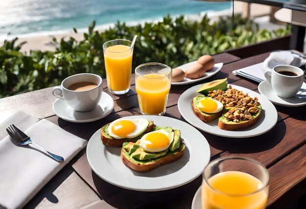 breakfast on a balcony overlooking the ocean