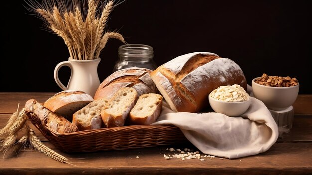 breakfast basket with baguettes on wood table created with generative ai