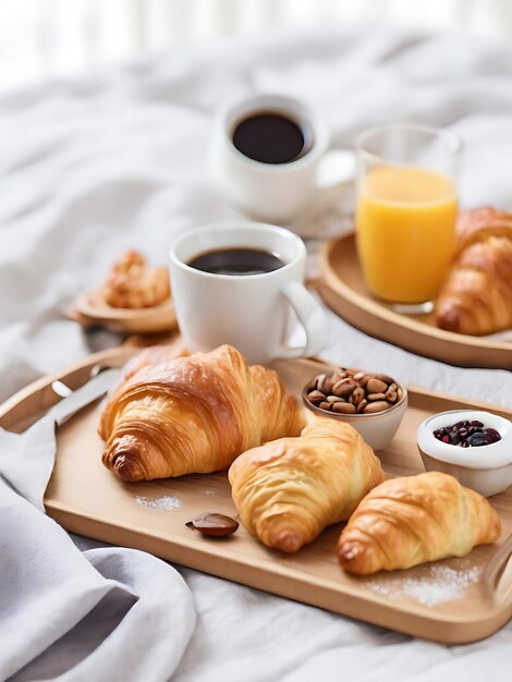 Photo breakfast in bed coffee and croissant on wooden tray