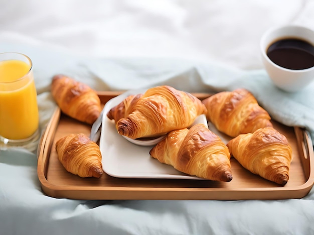 Breakfast in bed coffee and croissant on wooden tray