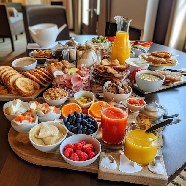 ホテルの部屋のベッドで朝食