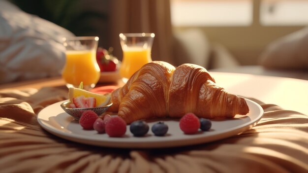 Breakfast on a bed in a hotel room