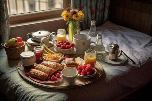 Breakfast in bed in the morning Fresh fruits berries croissants and orange juice