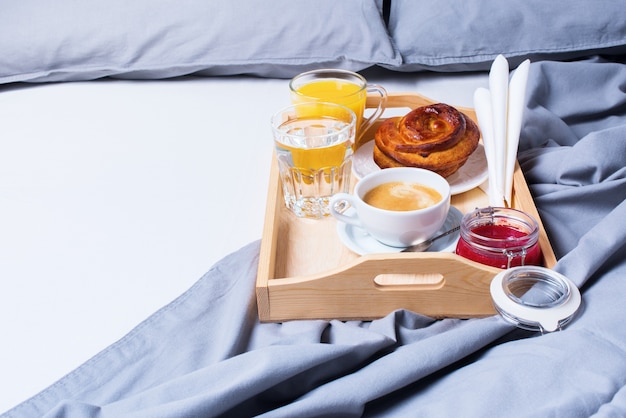 Breakfast Bed Tray Coffee Bun Grey Early Morning