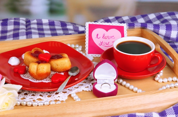 Breakfast in bed on Valentine's Day close-up