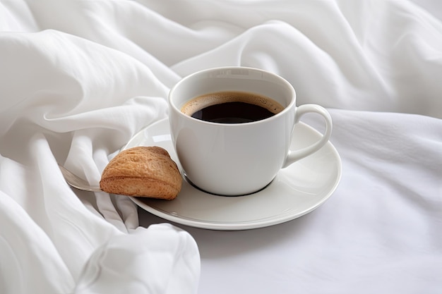 Breakfast in bed white cup black coffee fluffy pillows white sheets