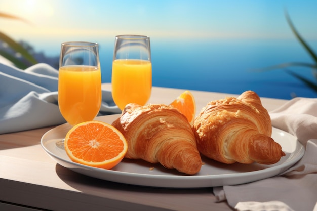 Breakfast in the bedroom in hotel consisting of orange juice coffee croissant cheese plate and buns blue sky