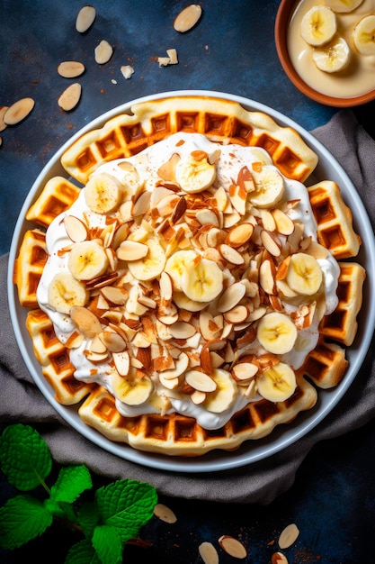 Breakfast belgian waffles with banana yogurt and almonds table top view