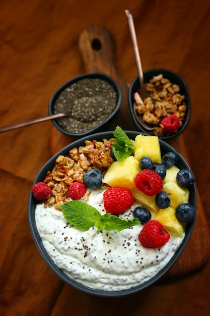 Breakfast bowl with chia yogurt berries and fruits Healthy snack or dessert