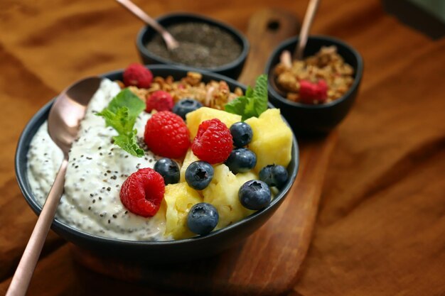 Breakfast bowl with chia yogurt berries and fruits Healthy snack or dessert