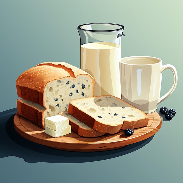 Photo breakfast bread and milk on table cartoon