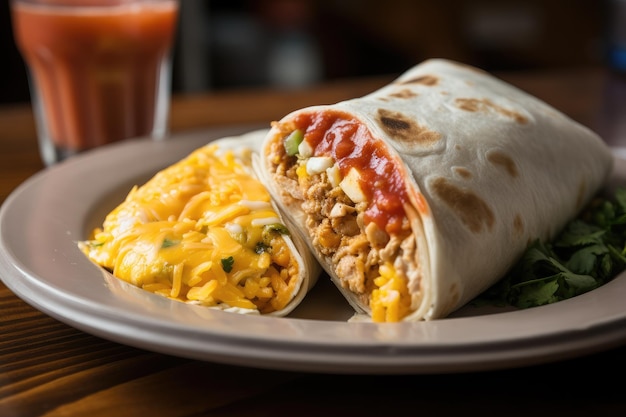 Breakfast burrito filled with scrambled eggs cheese and salsa