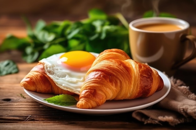 Breakfast in cafe eggs and croissants with a cup of coffee