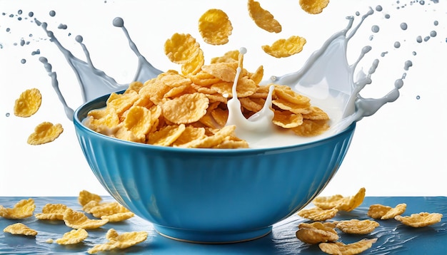 Cereali da colazione in un piatto con latte su uno sfondo bianco