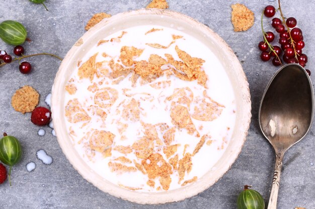 Foto cereali da colazione con frutti di bosco e latte rustico