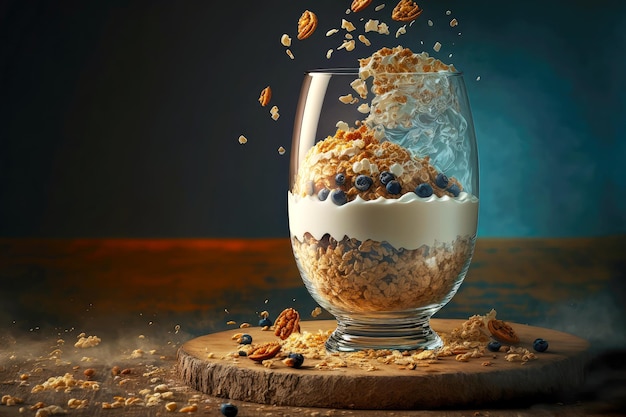 Breakfast cereal with milk organic oats granola in glass cup