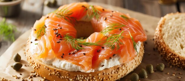 Photo breakfast choice consisting of salmon cream cheese dill capers on a plain bagel