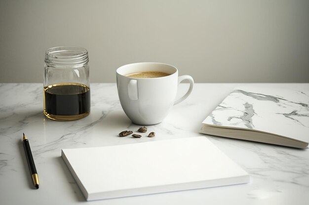 Breakfast Coffee books wooden desk Empty notepads and card mockups taped on white wall Marble lamp Scandinavian home office