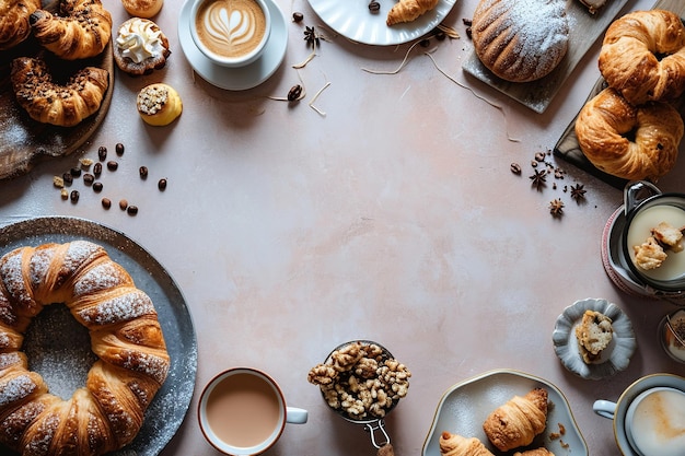 Photo breakfast coffee and pastries spread in a delightful flat lay