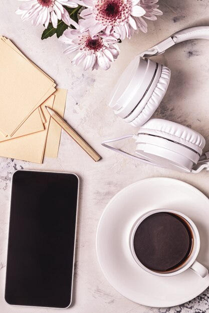 Breakfast - coffee, telephone, headphones