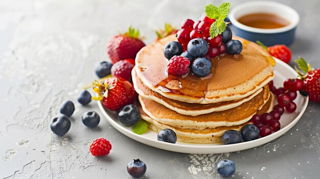 Breakfast composition with fresh pancakes and berries