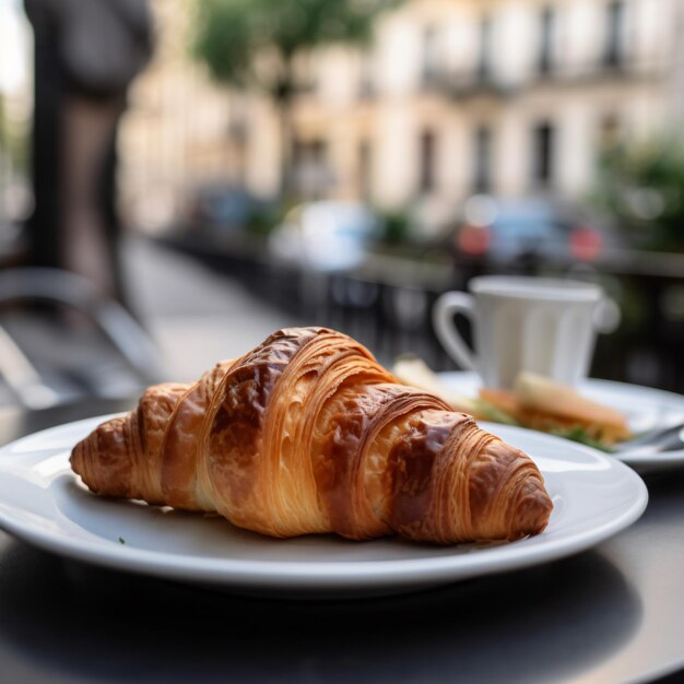 Foto croissant per la colazione sul tavolo con vista all'aperto ia generativa