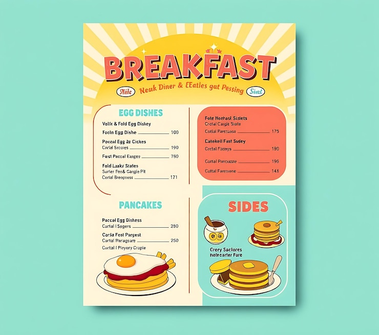 Photo breakfast diner restaurant menu featuring bright cheerful colors and retro patterns sections in