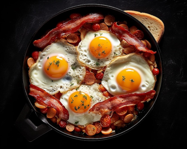 A breakfast dish with eggs, bacon, and sausages.