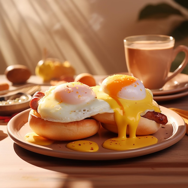 Breakfast eggs benedict with coffee