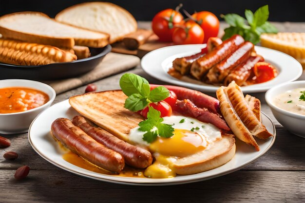 Premium AI Image A Breakfast Of Eggs Sausage And Toast premium-ai-image-a-breakfast-of-eggs-sausage-and-toast