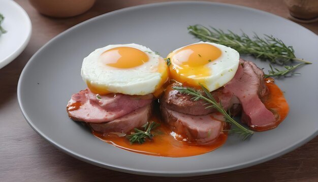 Breakfast of eggs with meat herbs and drops of sauce