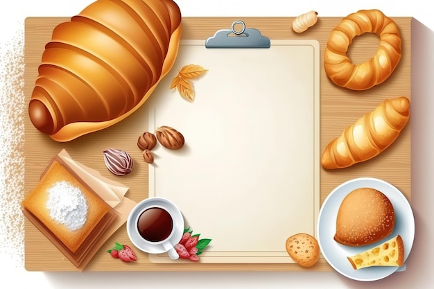 Breakfast food concept top view and copy space with homemade breads