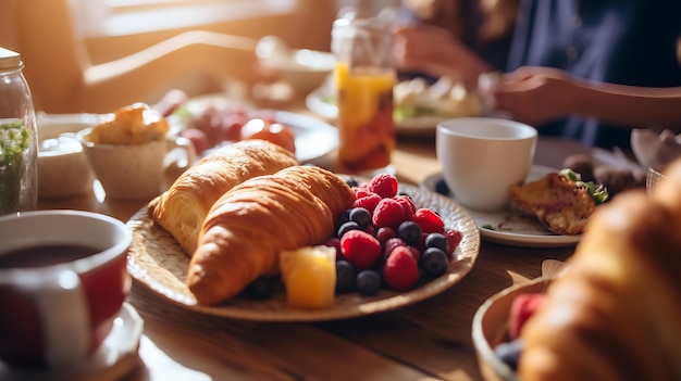 식탁 위의 아침 식사 가족이 아침을 먹고 있습니다Generative AI 기술로 생성