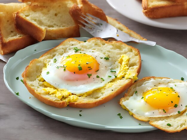 Foto colazione uova fritte con pane al formaggio