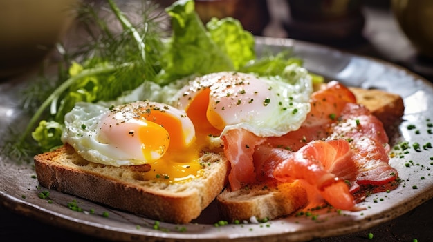 Завтрак: яичница, бекон, творог, тост с лососем на тарелке