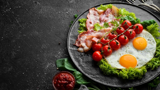 Breakfast Fried eggs with bacon and cherry tomatoes Top view Free space for your text