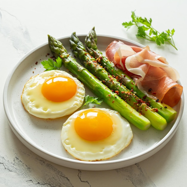 Foto colazione uova fritte con asparagi freschi e erbe di prosciutto in un piatto su uno sfondo bianco