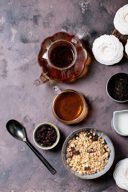 Breakfast granola in ceramic bowl