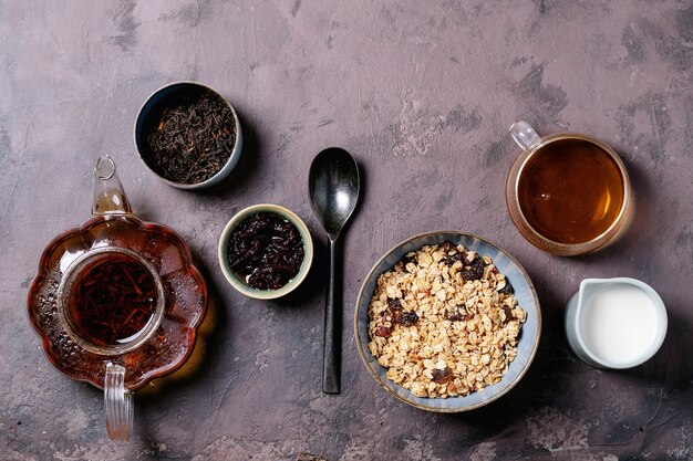 Breakfast granola in ceramic bowl