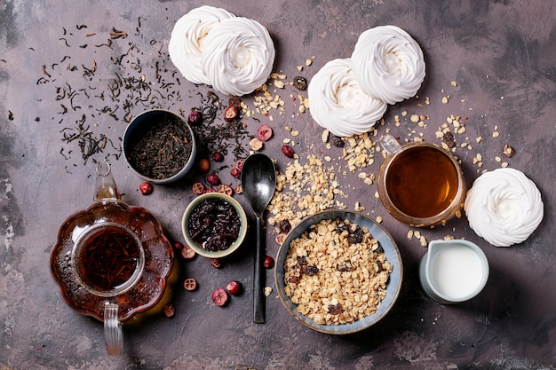 Breakfast granola in ceramic bowl