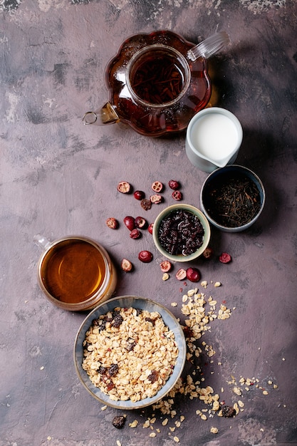 Breakfast granola in ceramic bowl