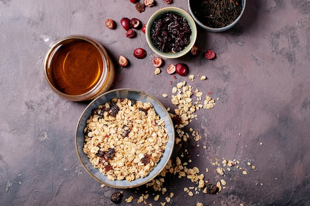 Breakfast granola in ceramic bowl