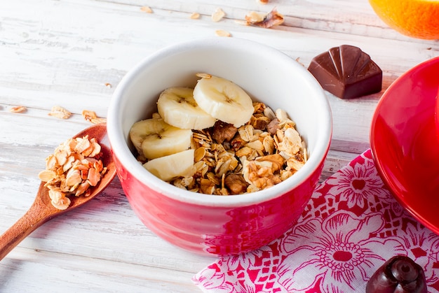 Breakfast granola, a cup of coffee