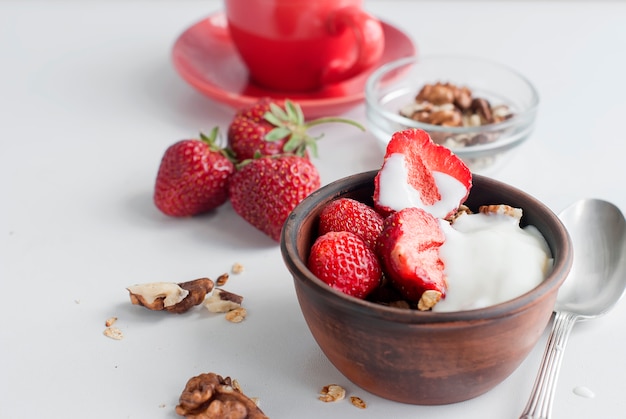 Breakfast granola, a cup of coffee