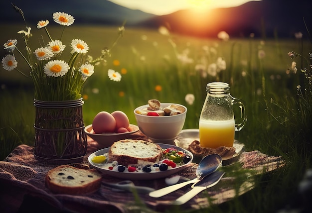 Breakfast on the grass on the background of a meadow illustration AI generative